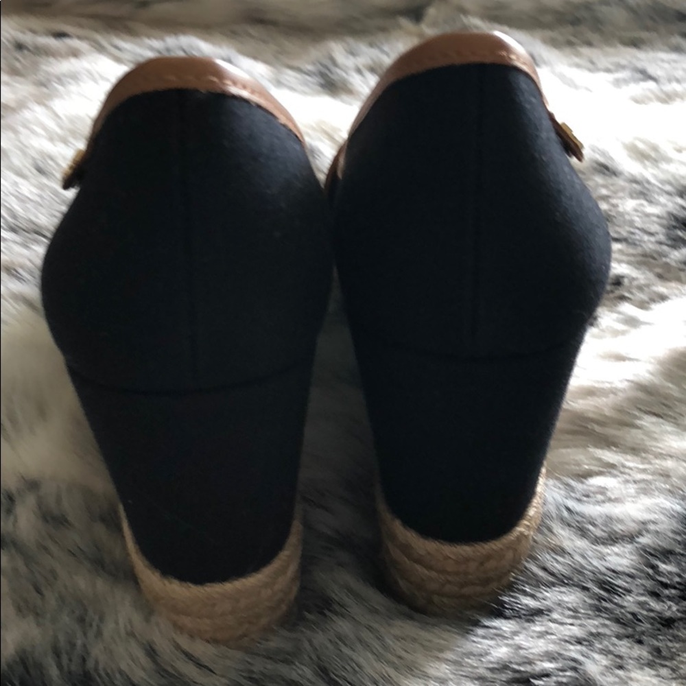 Tory Burch Majorca Peep Toe Canvas Wedge Black/Tan - Picture 5 of 8